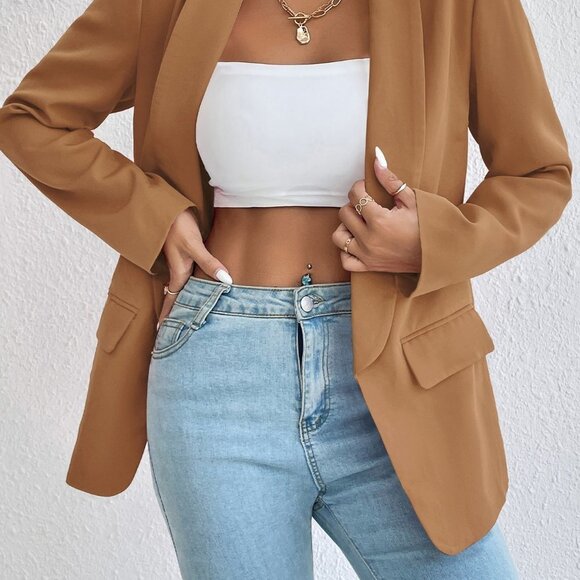 Brown Preppy Womens Solid Shawl Collar Blazer - Picture 3 of 5